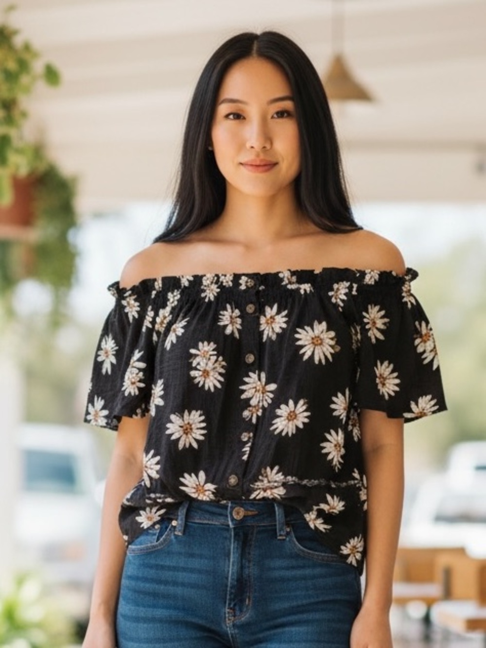 Maurices Black Daisy Print Puff Sleeve Blouse